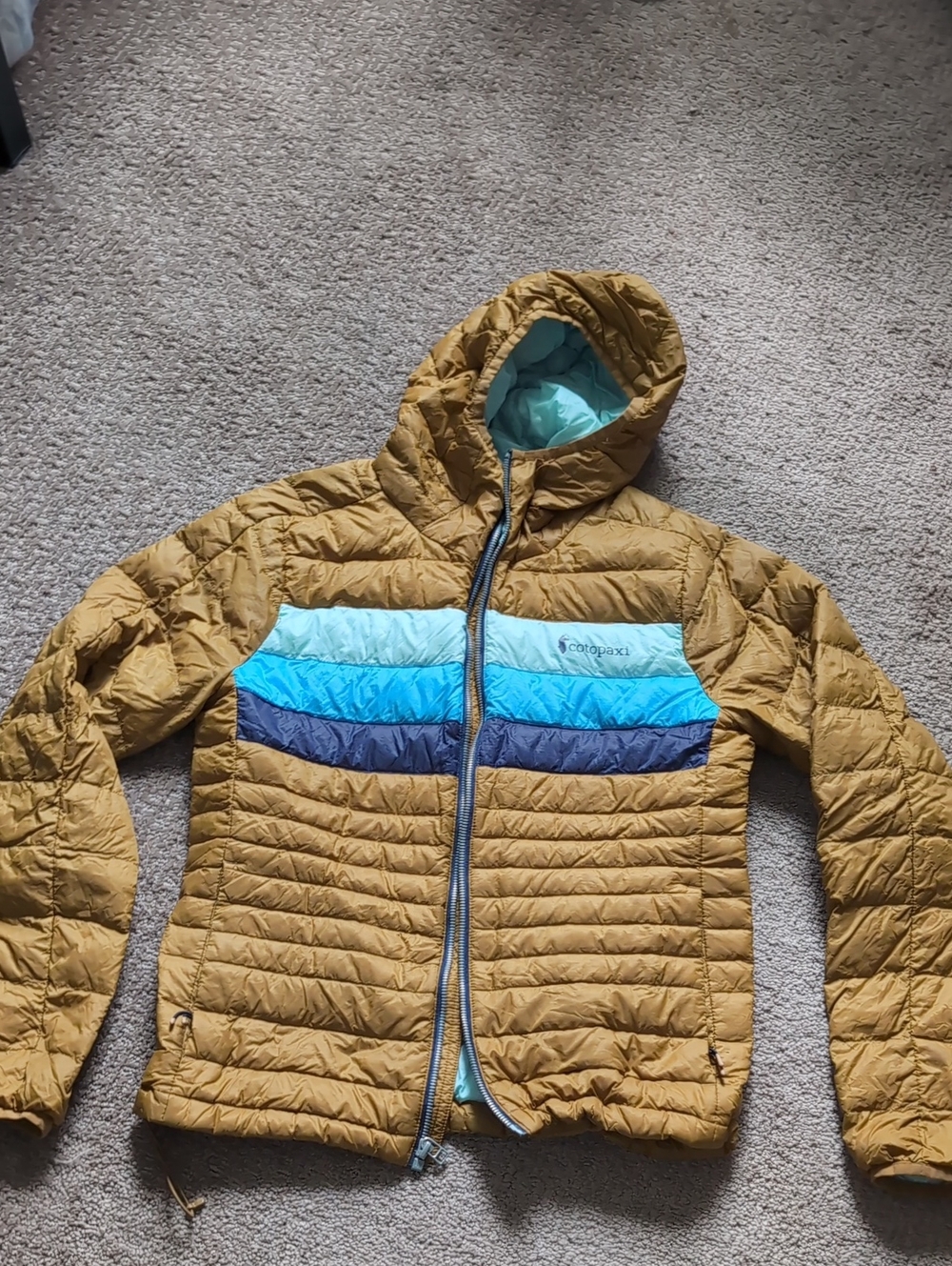 Cotopaxi Mustard Hooded Puffer Jacket with Blue Stripe Panels